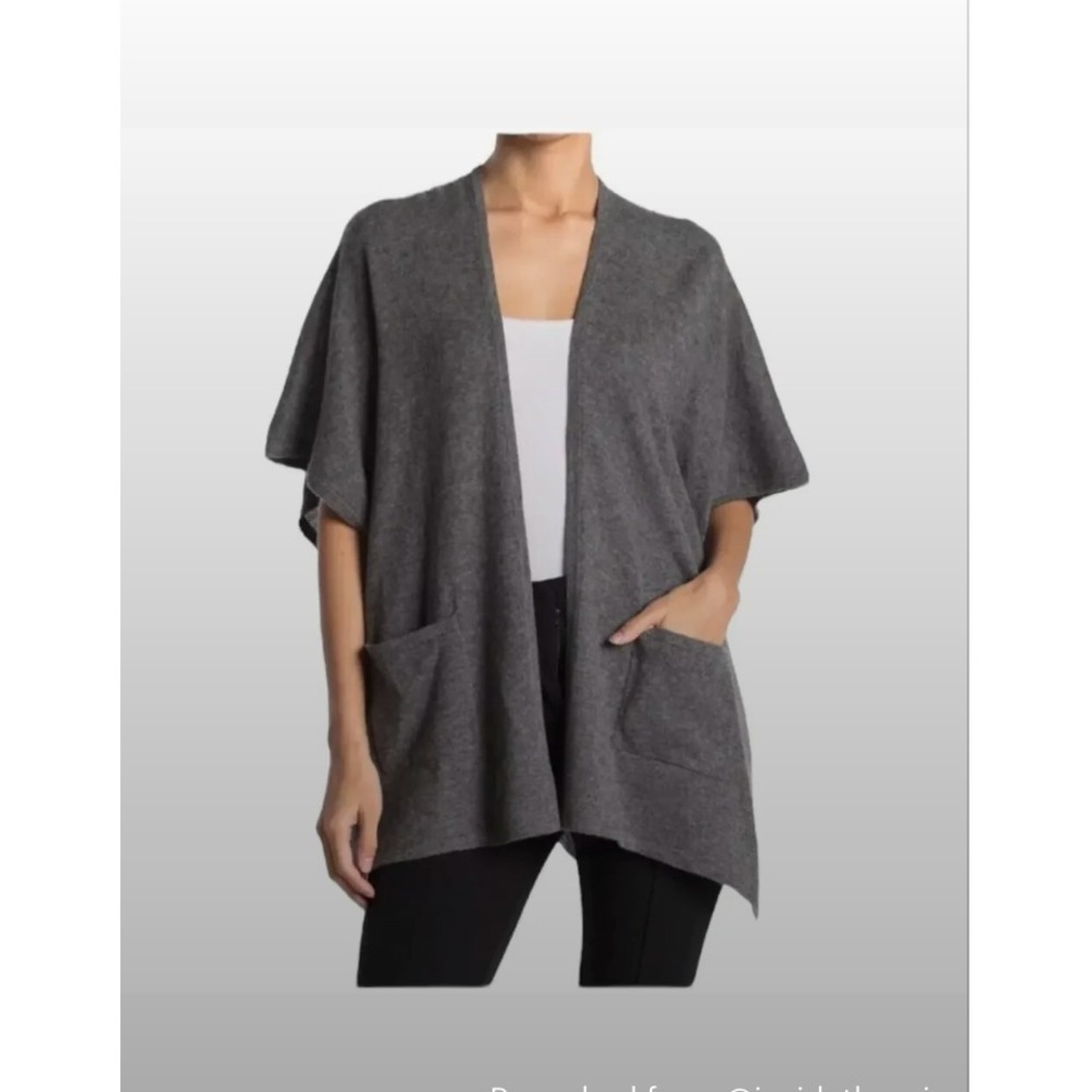 Phenix one size‎ 100% Cashmere Jersey Wrap Shawl Cardigan Sweater Gray Pocket DD